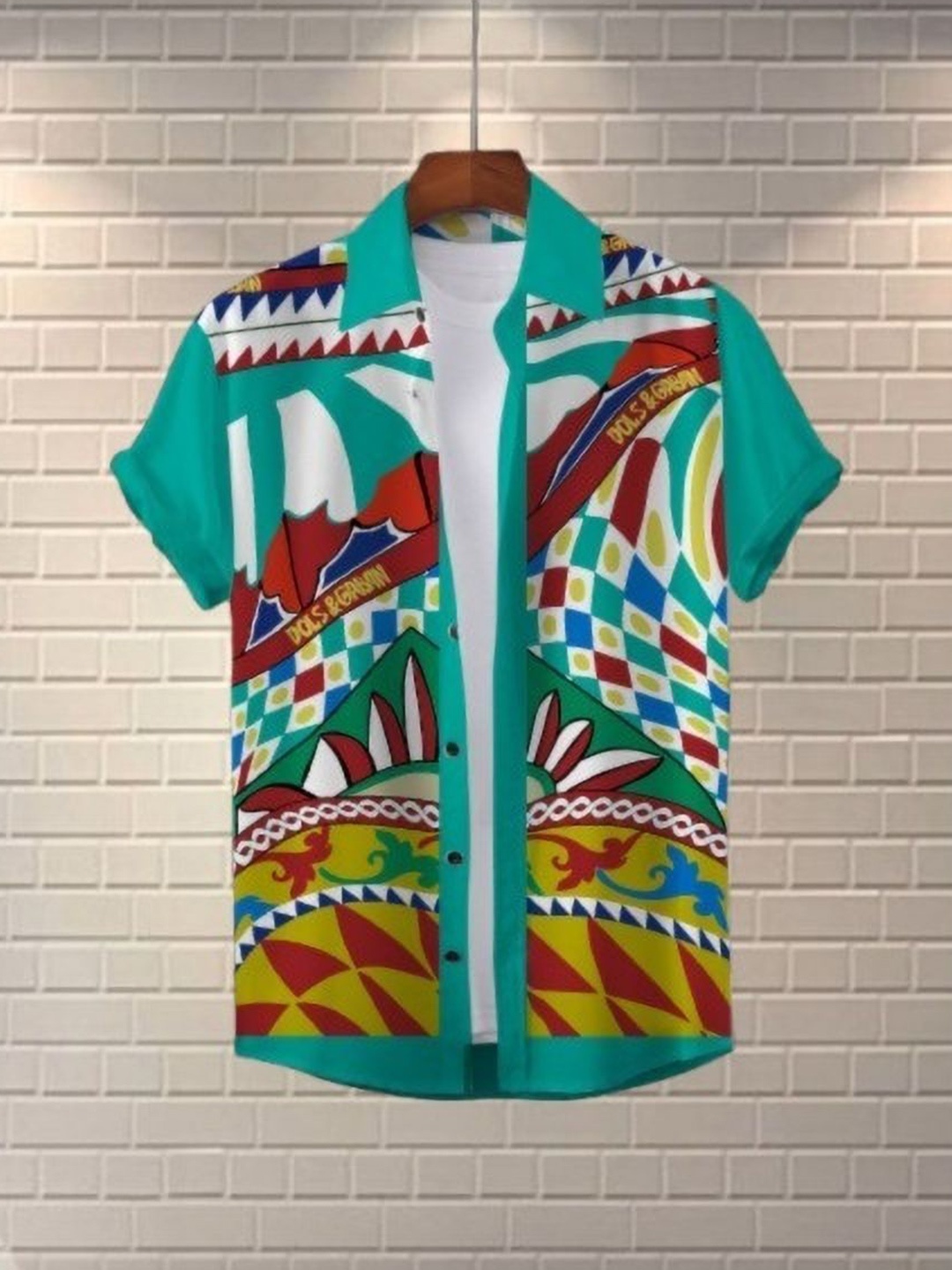 

iCome Men Slim Fit Spread Collar Geometric Printed Casual Shirt, Green