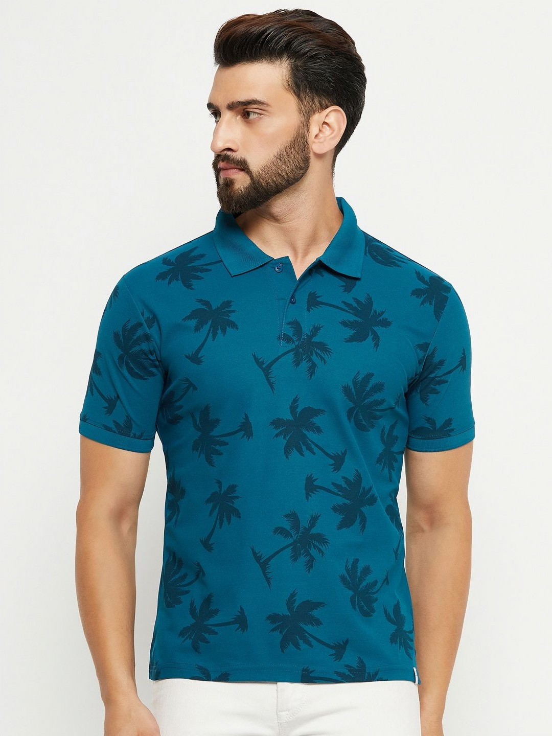 

RENUOVO Men Floral Printed Polo Collar Cotton T-shirt, Teal