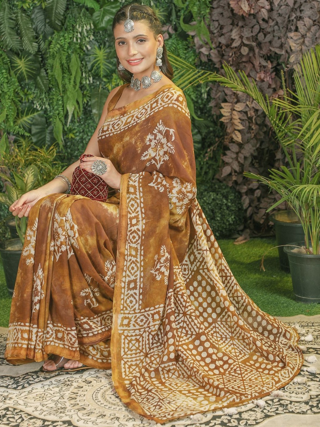 

Suha Batik Printed Pure Cotton Saree, Brown