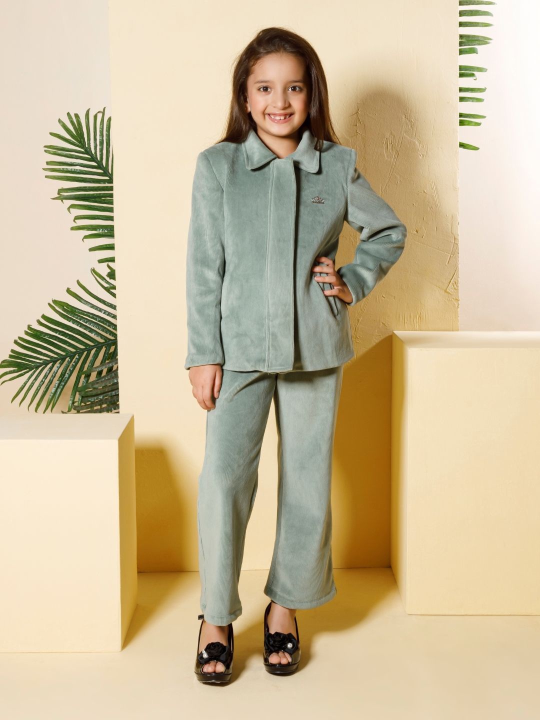 

Peppermint Girls Autumn Winter Shirt Collar Coat With Trousers, Green