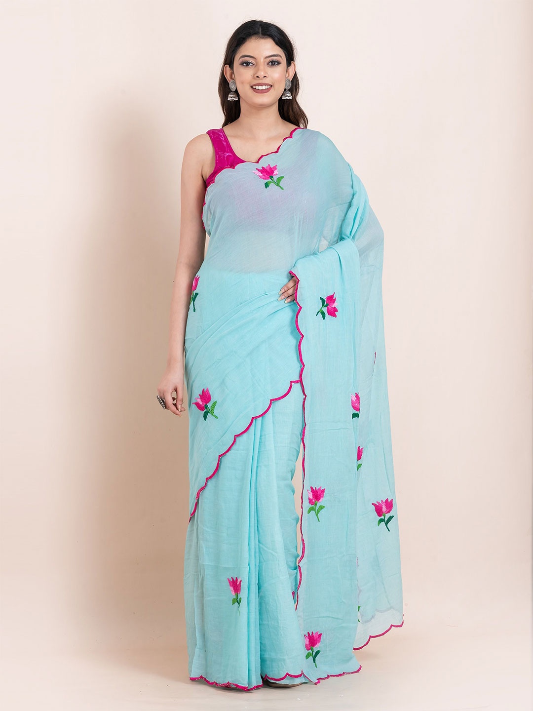 

ShopAaMe Floral Schiffli Pure Cotton Saree, Blue