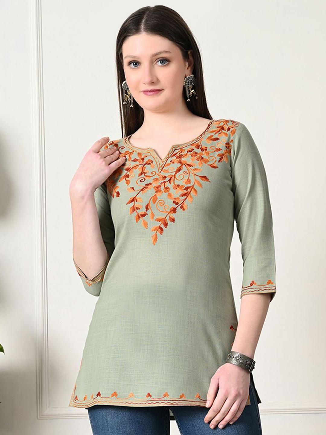 

KALINI Ethnic Motifs Yoke Design Thread Work Pure Cotton Thread Work Kurti, Olive