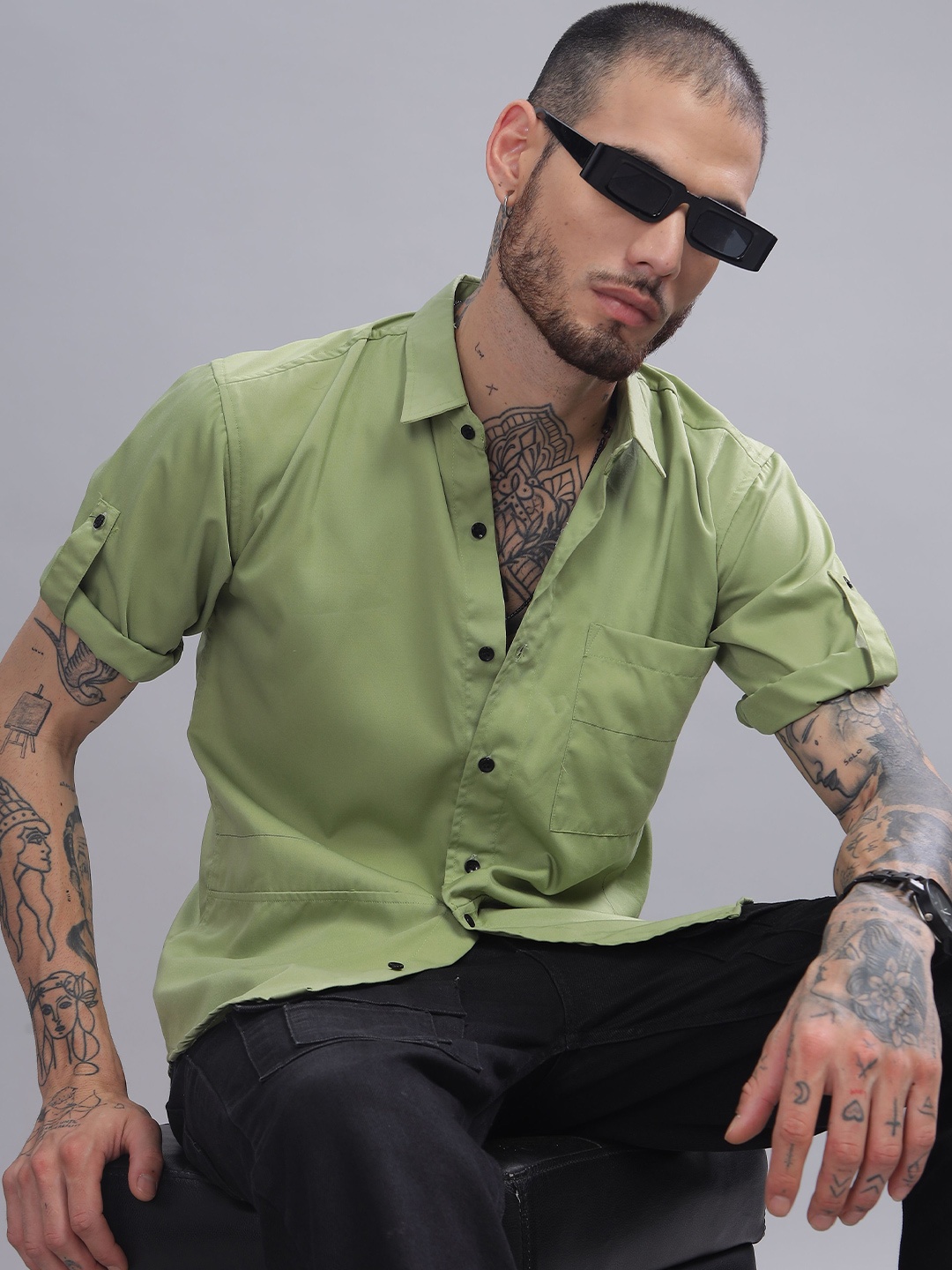 

iCome Men Slim Fit Spread Collar Solid Cotton Linen Casual Shirt, Green