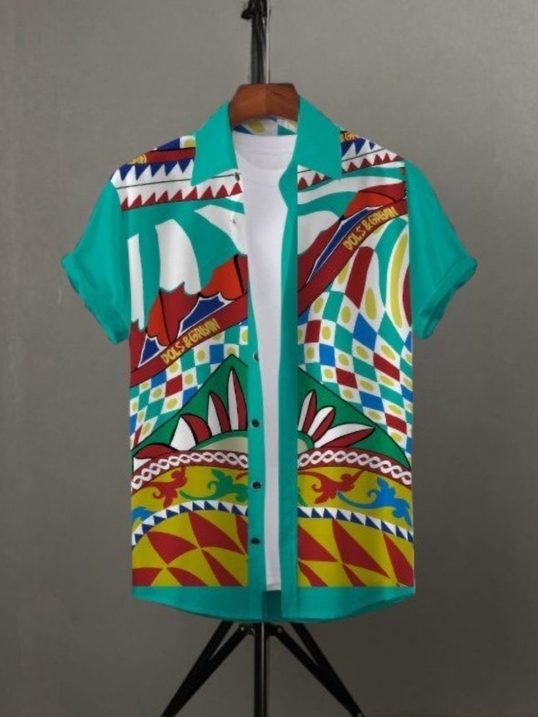 

iCome Men Slim Fit Spread Collar Geometric Printed Casual Shirt, Green