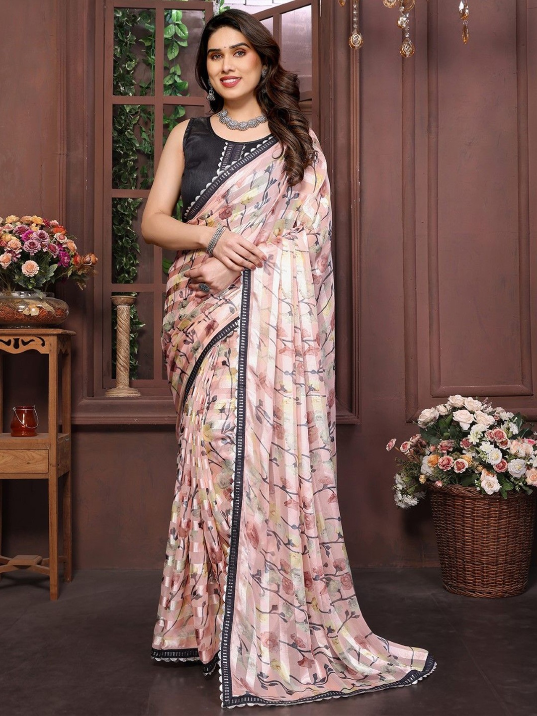 

KALINI Floral Printed Sequinned Satin Saree, Brown