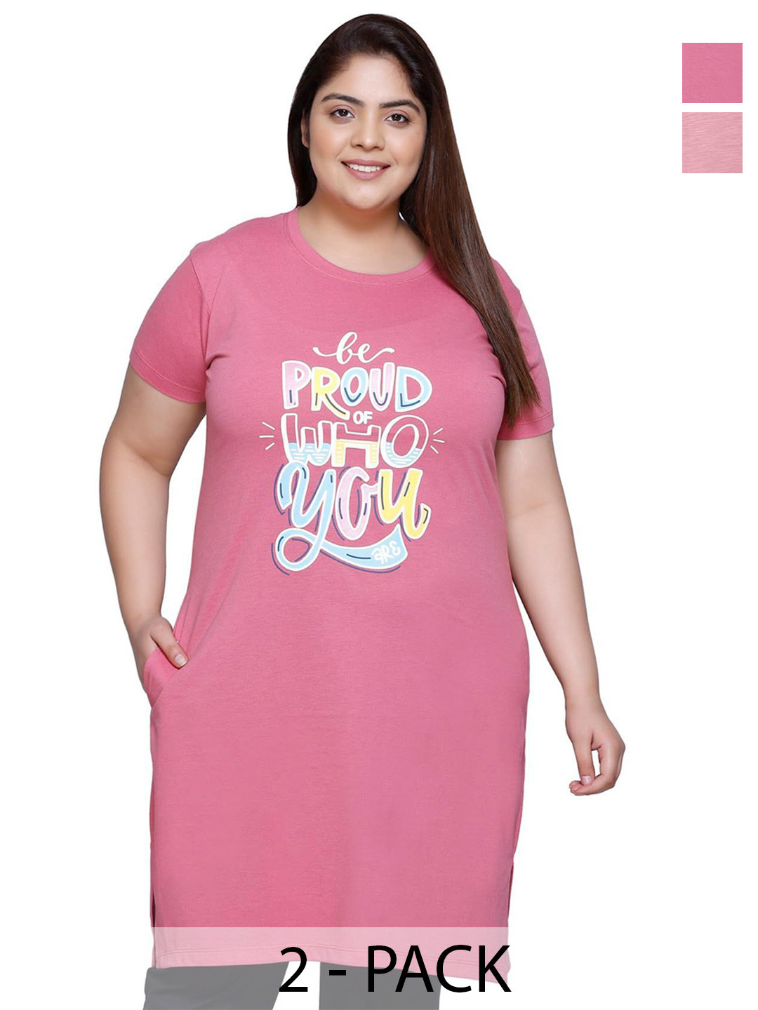

IN Love Women Pack of 2 Plus Size Front Printed T-shirt Nightdress, Pink