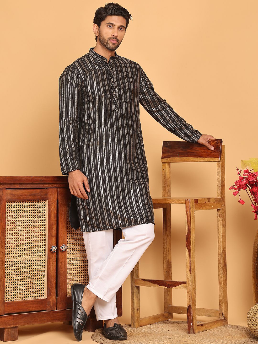 

Anouk Black Striped Printed Mandarina Collar Kurta With Trouser