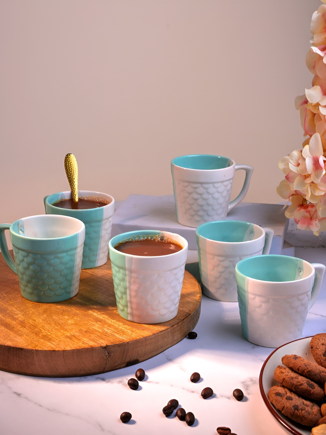 

Storepedia White & Blue 6 Pieces Textured Glossy Ceramic Tea Cups 150ml Each