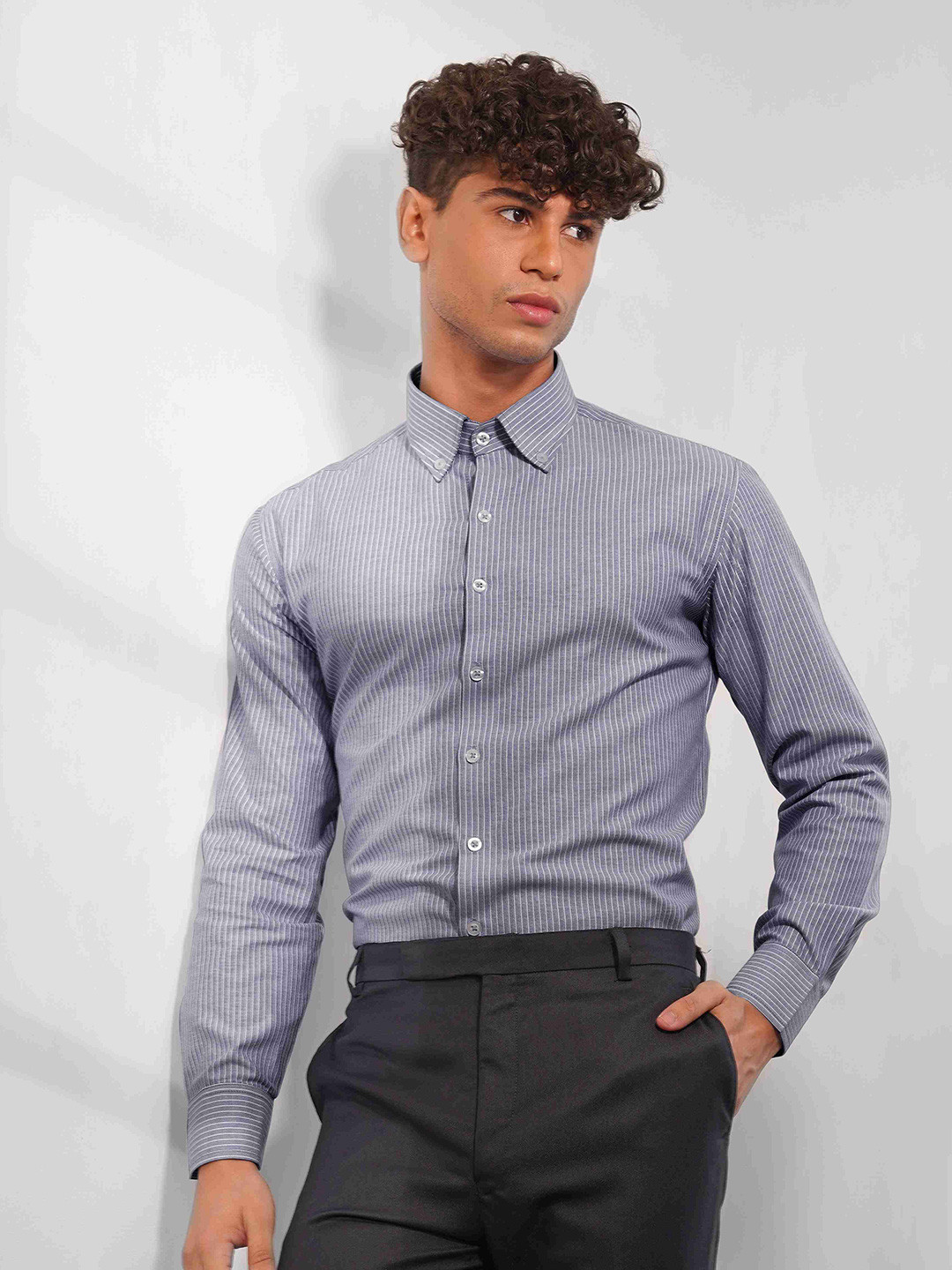

Eleven Brothers Men Slim Fit Button-Down Collar Vertical Striped Cotton Casual Shirt, Grey