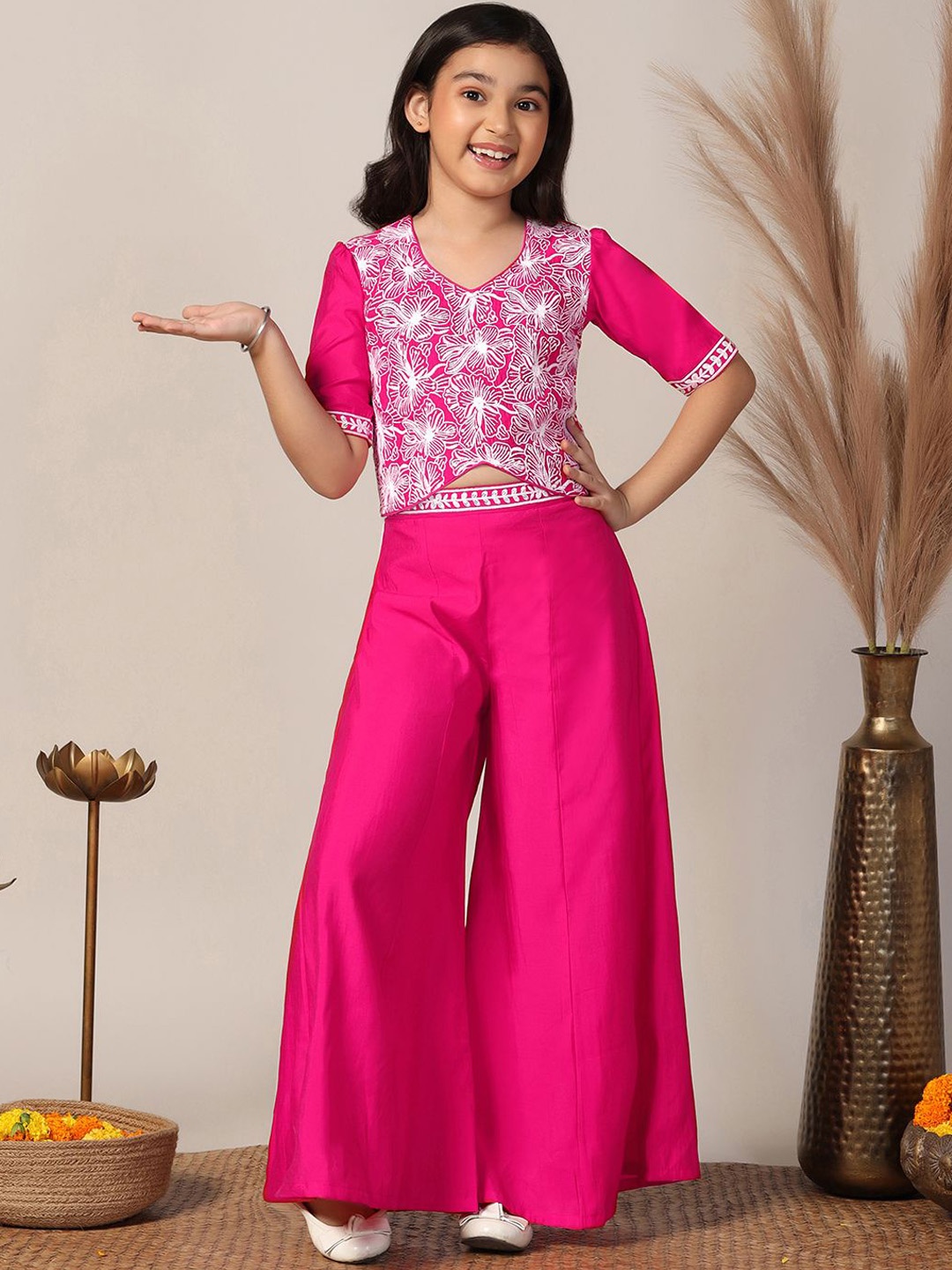 

Sangria Pink & White Girls Floral Embroidered Crop Top With Palazzo