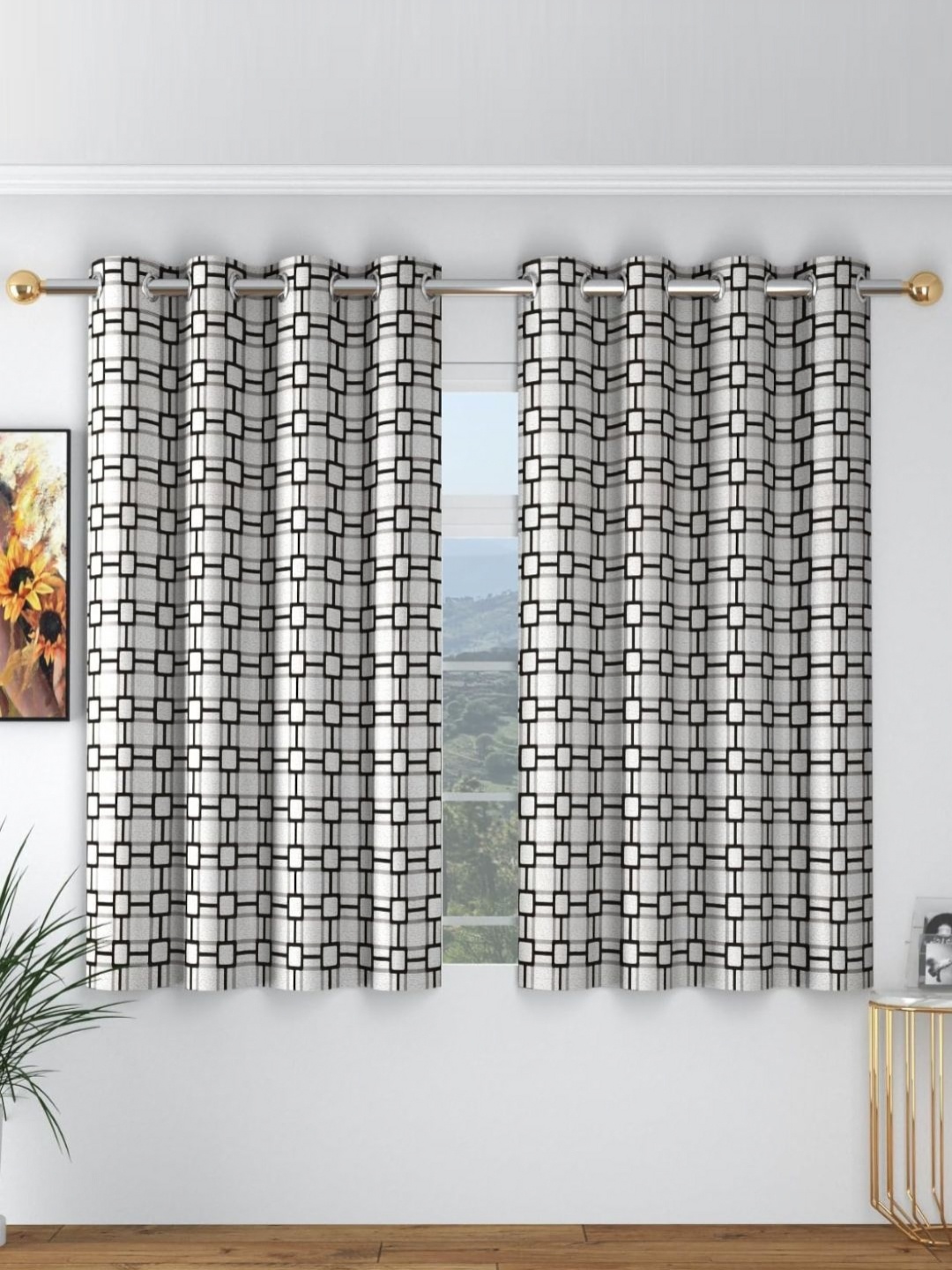 

bsb home Black & Beige 2 Pieces Geometric Printed Window Curtain