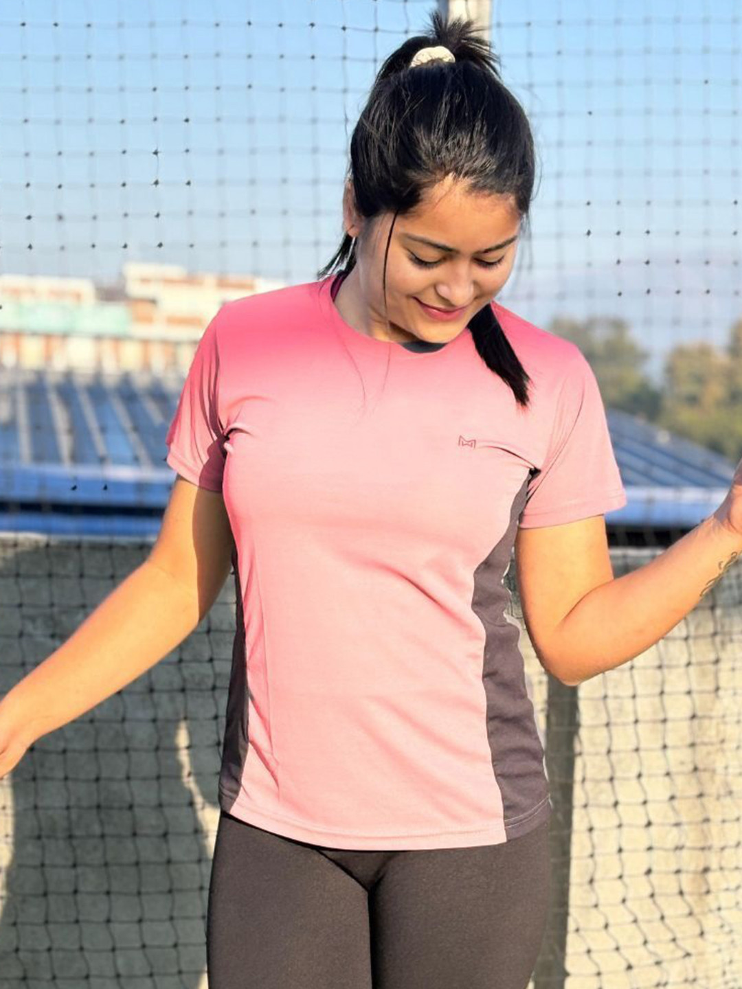 

White Moon Women Colourblocked Round Neck T-shirt, Pink