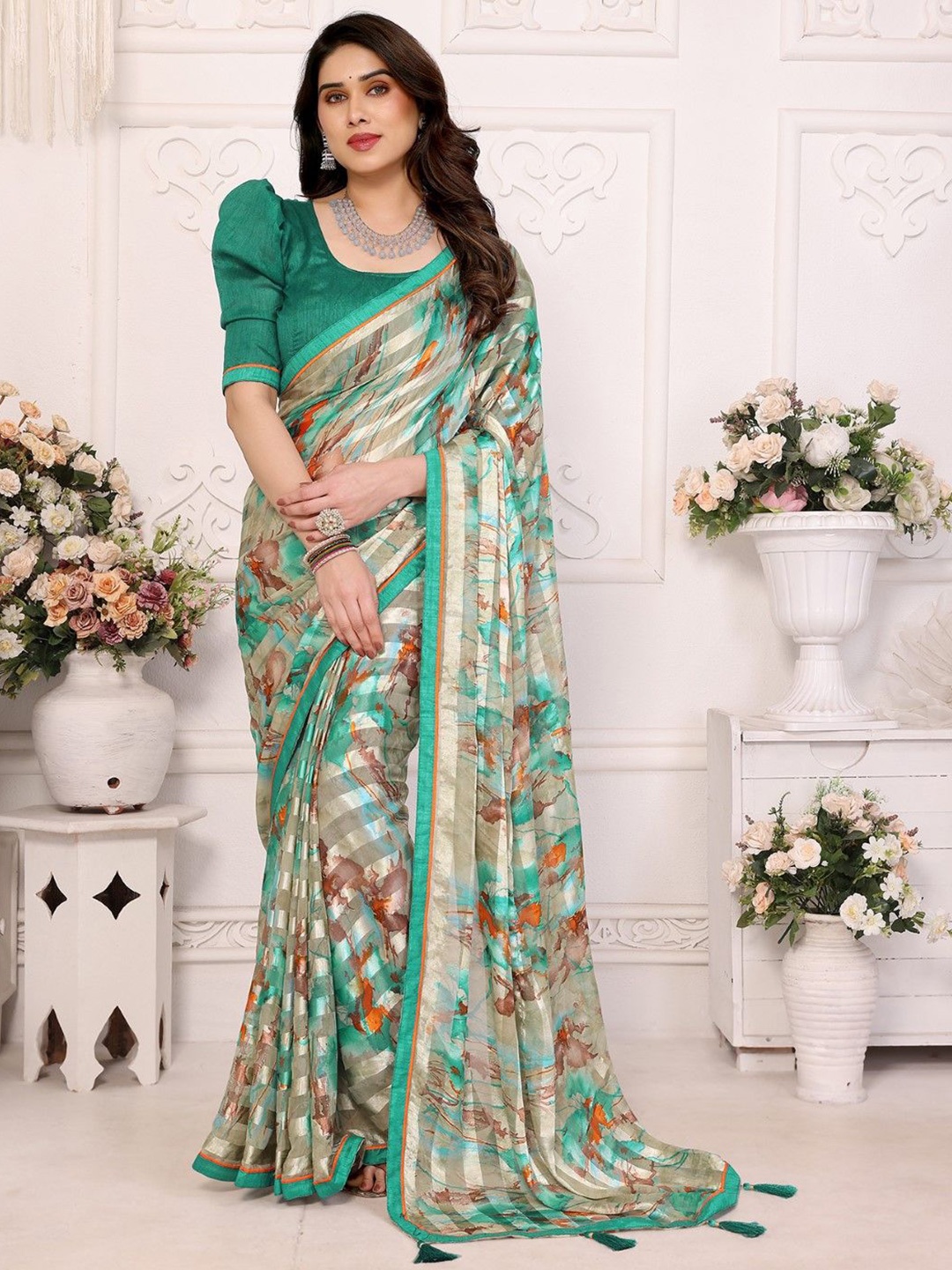 

KALINI Floral Printed Satin Saree, Olive