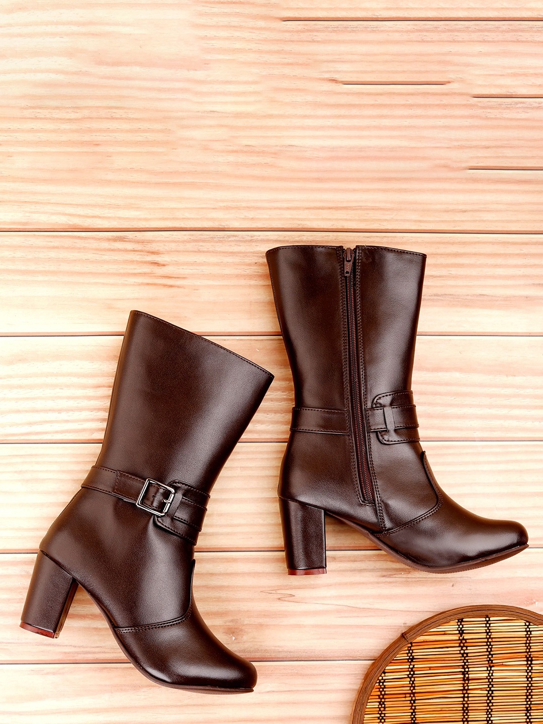 

Bxxy Women High-Ankle Zipper Boots with Buckle Closure, Brown