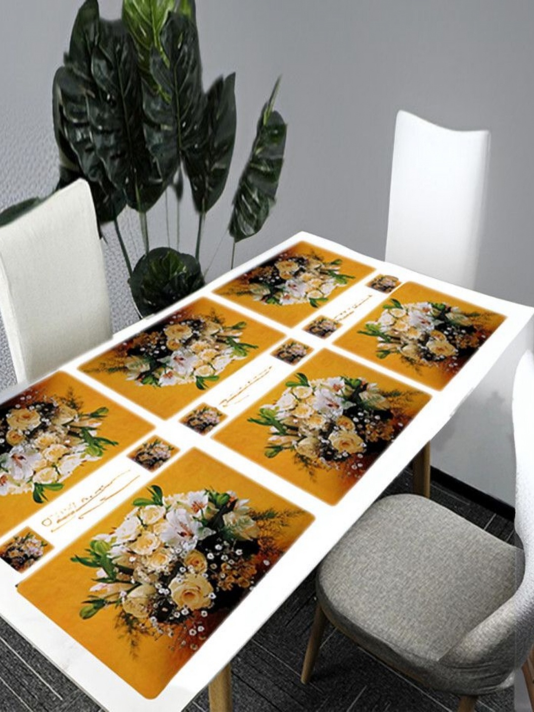 

REVEXO 6Pc Yellow & White Printed Rectangle Costers & Table Placemats