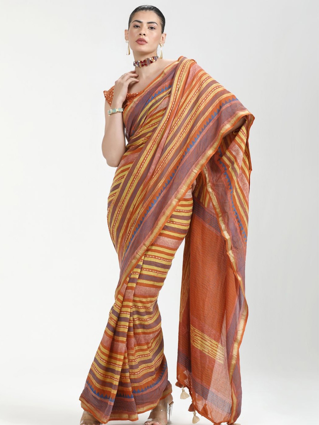 

Suha Striped Pure Cotton Saree, Mustard