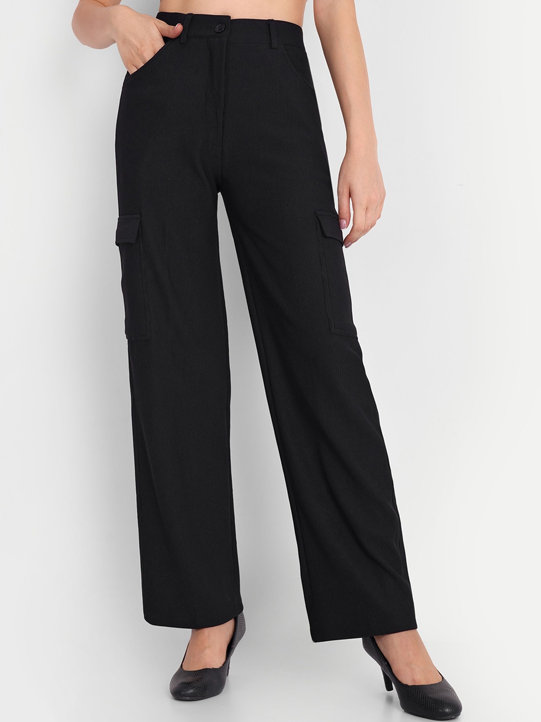 

FNOCKS Women Striped High-Rise Relaxed Loose Fit Trousers, Black