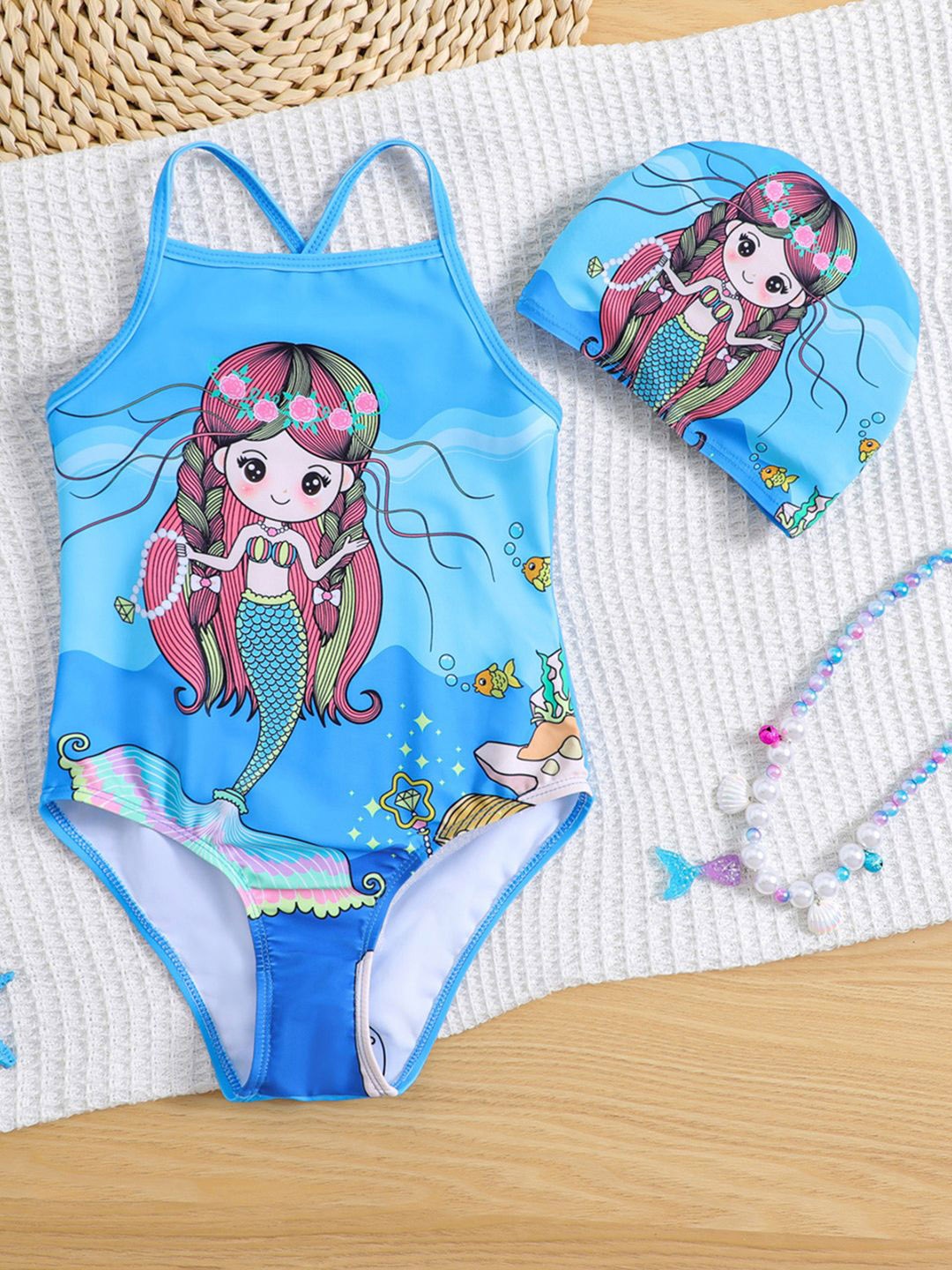 

YK Girls Printed Swimwear Bodysuit, Blue