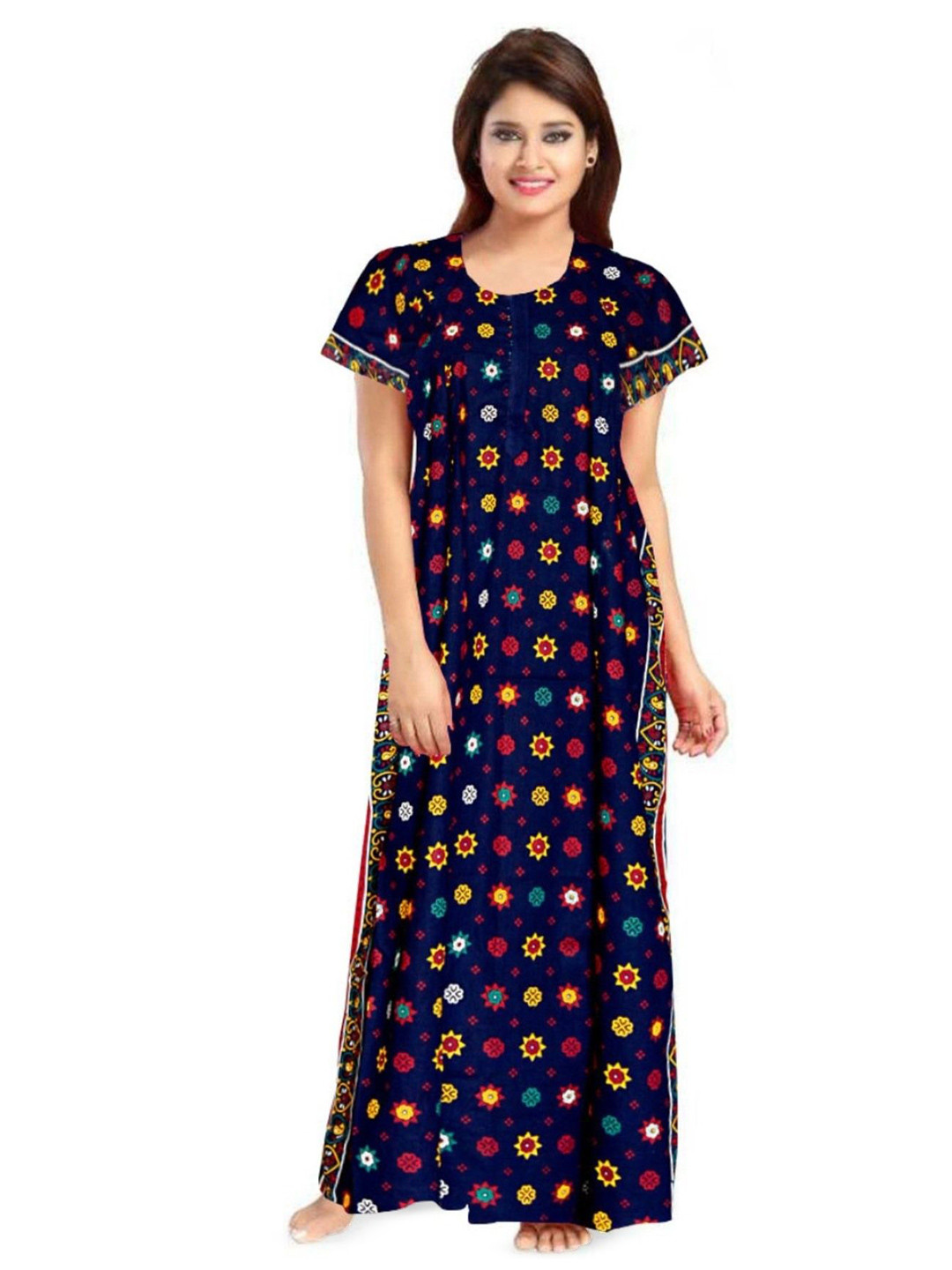 

PR PINK ROYAL Women Printed Pure Cotton Maxi Nightdress, Blue