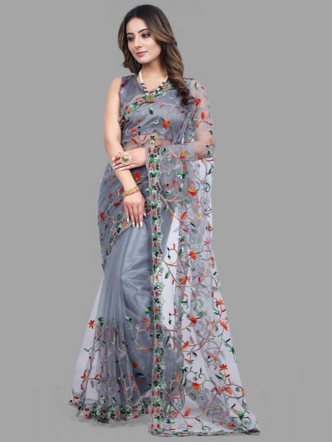 

A TO Z CART Floral Embroidered Net Saree, Grey