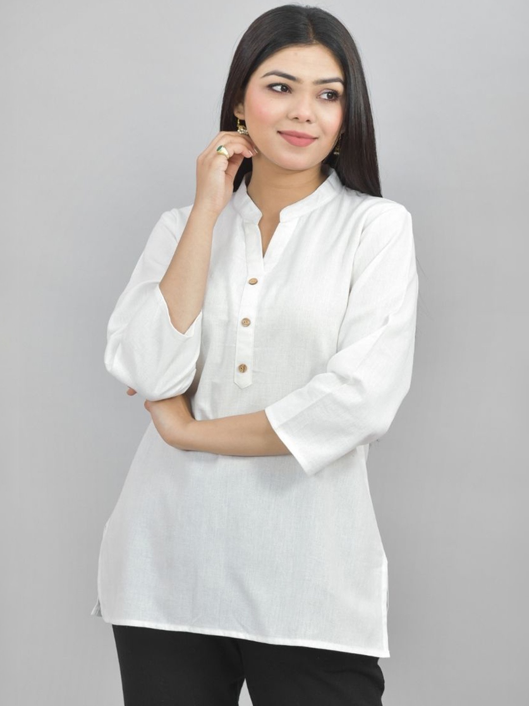 

ATARAH Women Casual Mandarin Collar Pure Cotton Kurti, White