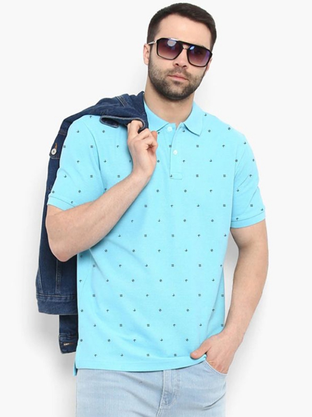 

MERRIMENT Men Geometric Printed Polo Collar Cotton T-shirt, Turquoise blue