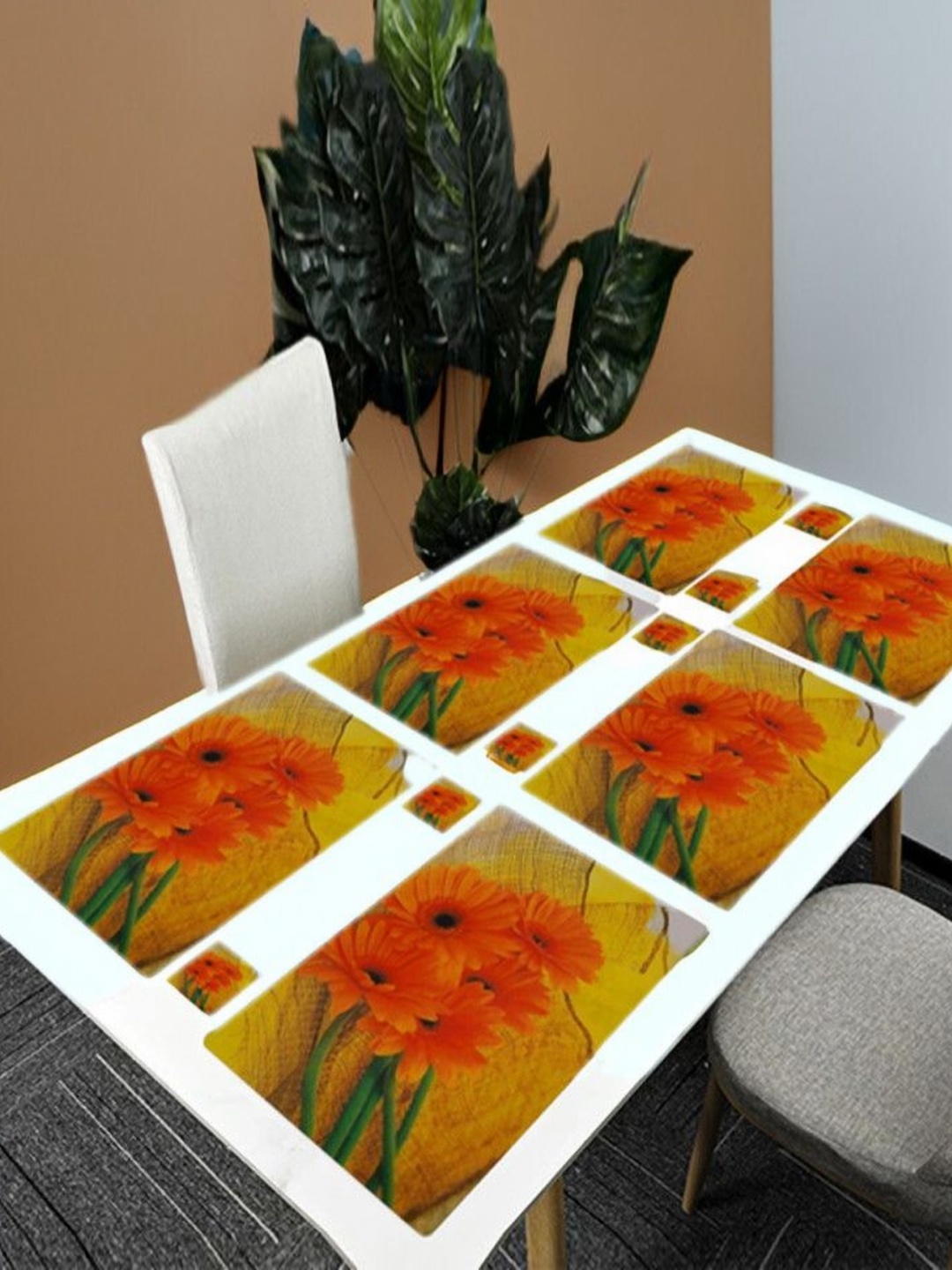 

REVEXO Yellow & Orange 12 Pieces Floral Printed Table Placemats & Coasters