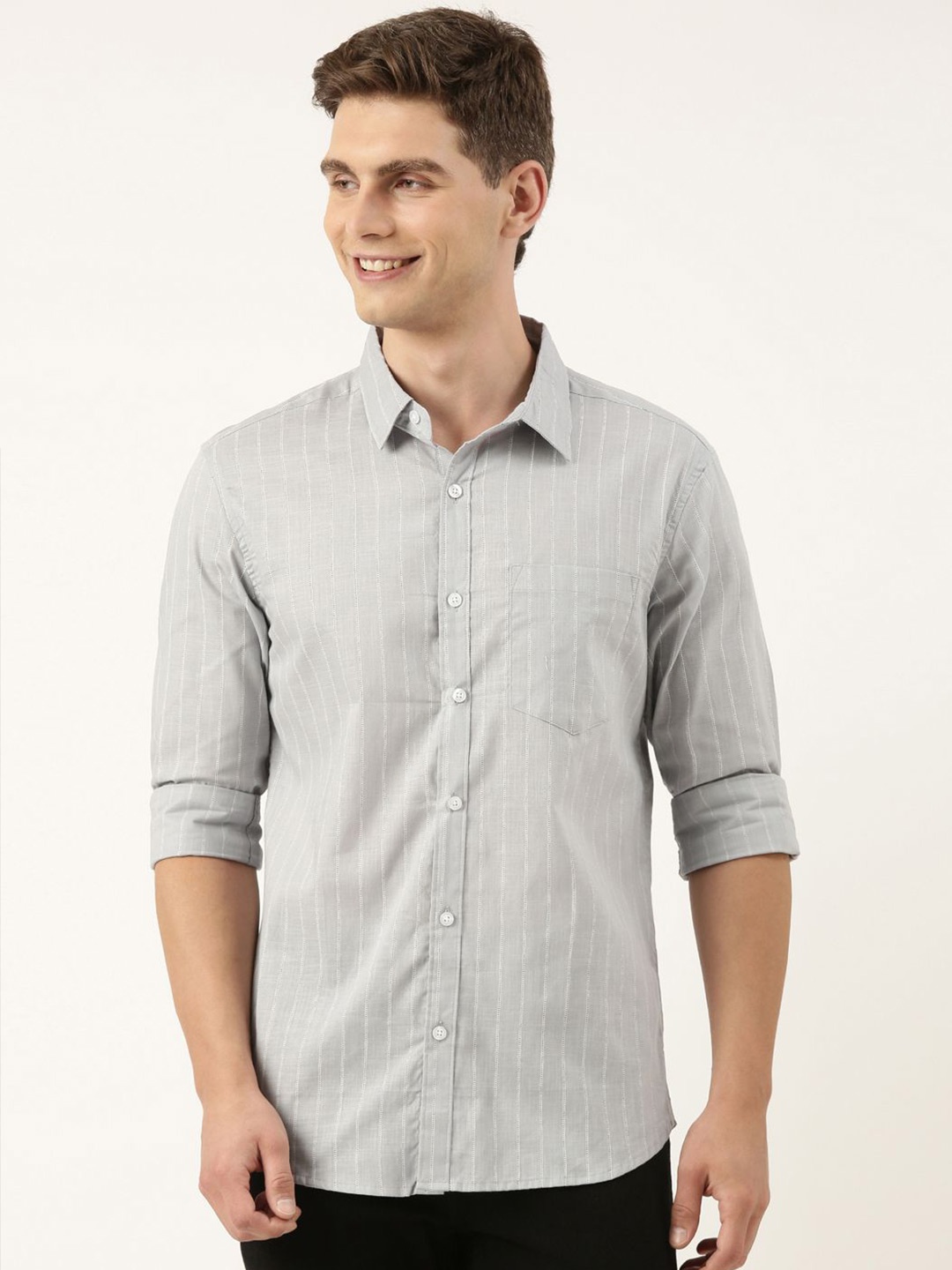 

Provogue Men Spread Collar Vertical Striped Cotton Casual Shirt, Grey