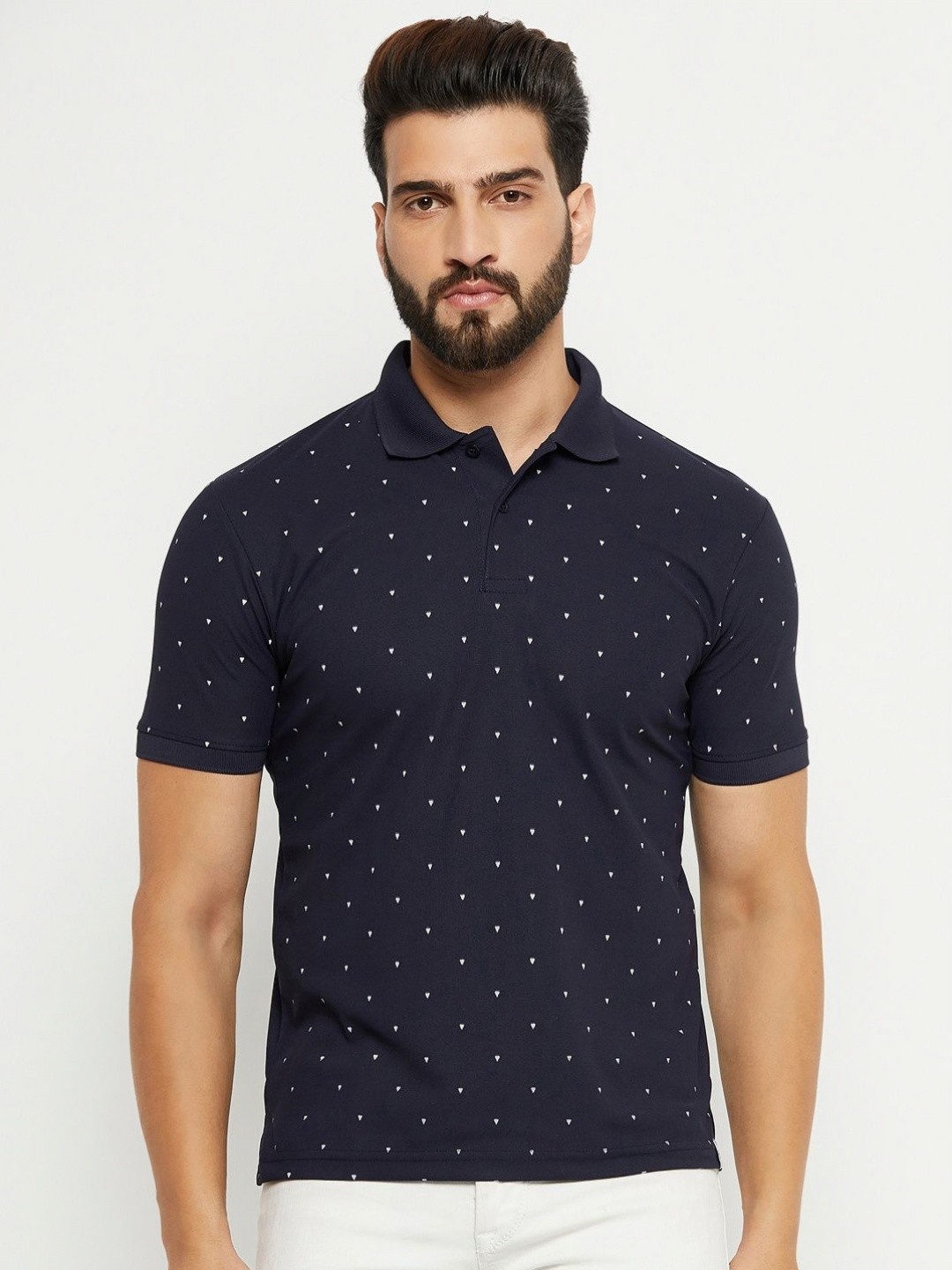 

RENUOVO Men Geometric Printed Polo Collar Cotton T-shirt, Navy blue