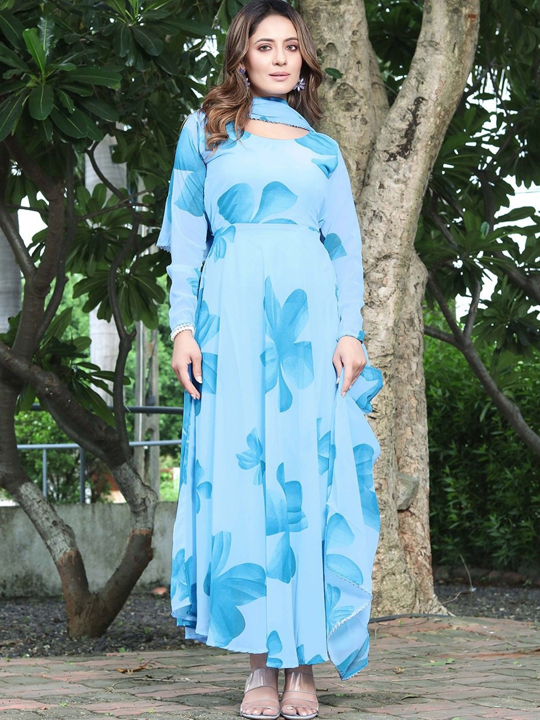 

Jash Creation Floral Printed Fit & Flare Maxi Ethnic Dress with a Dupatta, Blue
