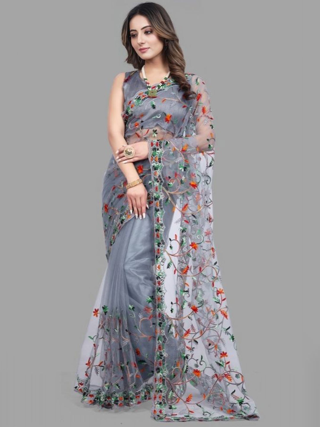 

LADY SHOPI Floral Embroidered Net Saree, Grey
