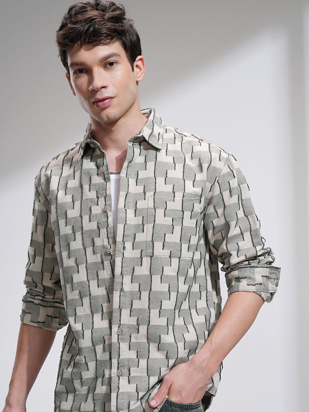 

HIGHLANDER Men Dobby Structu Cut Jacquard Casual Relaxed Shirt, Beige