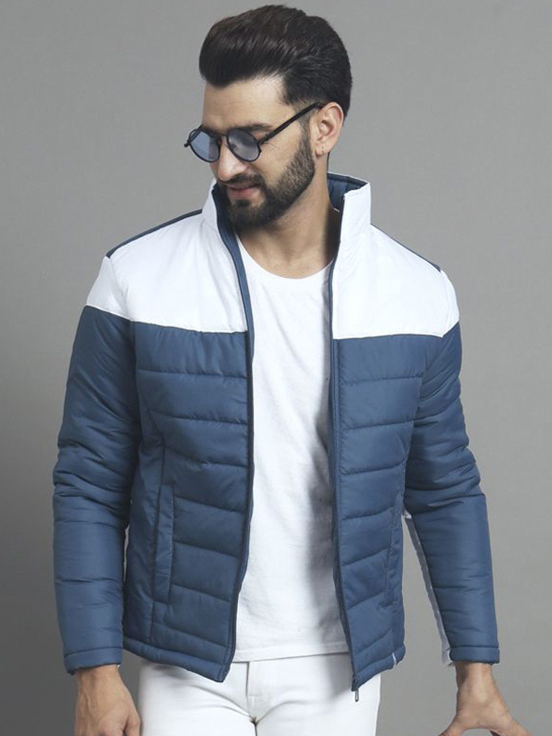 

RENUOVO Men Mock Collar Colourblocked Padded Jacket, Blue