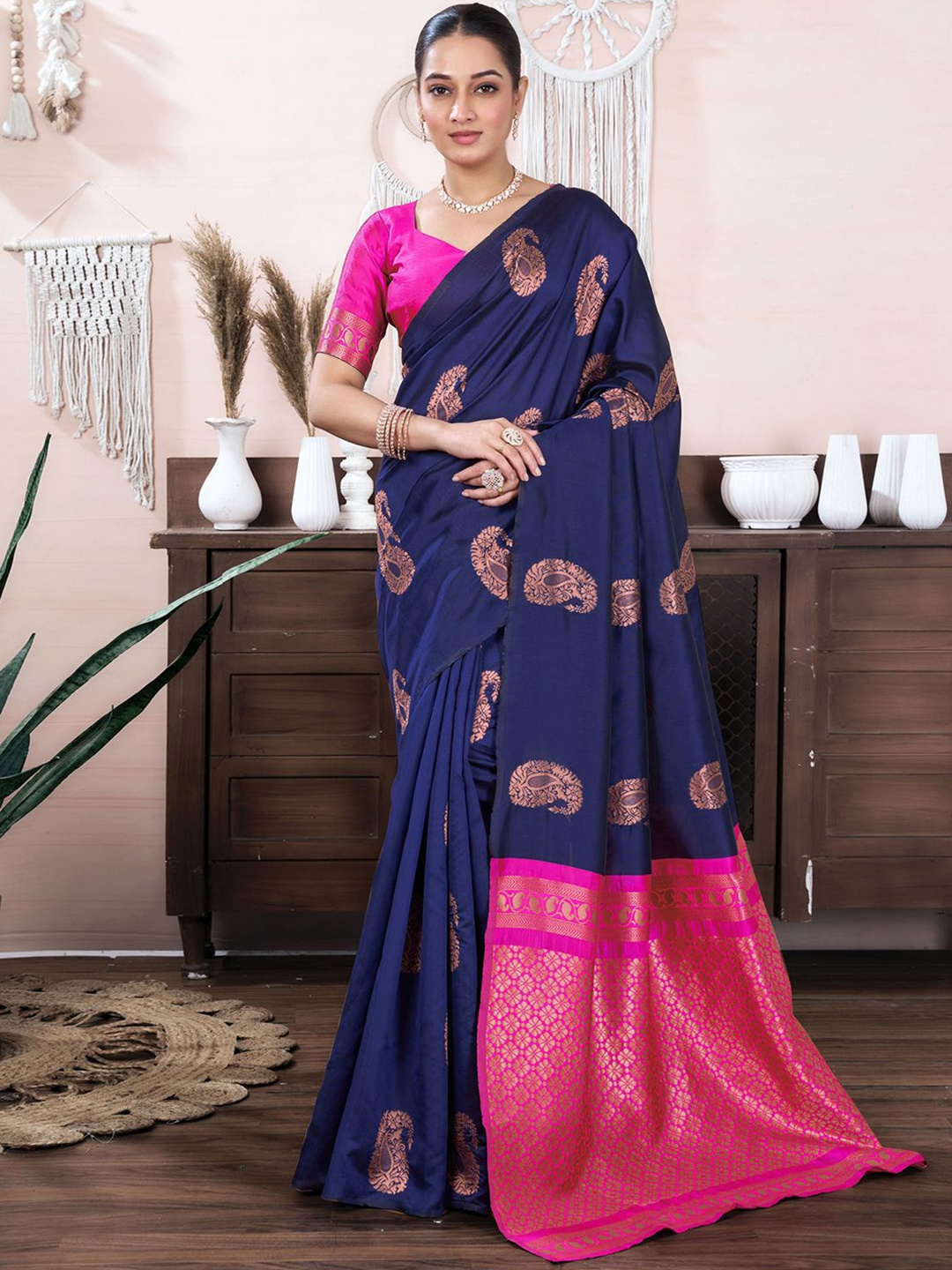 

KALINI Woven Design Zari Silk Blend Banarasi Saree, Navy blue