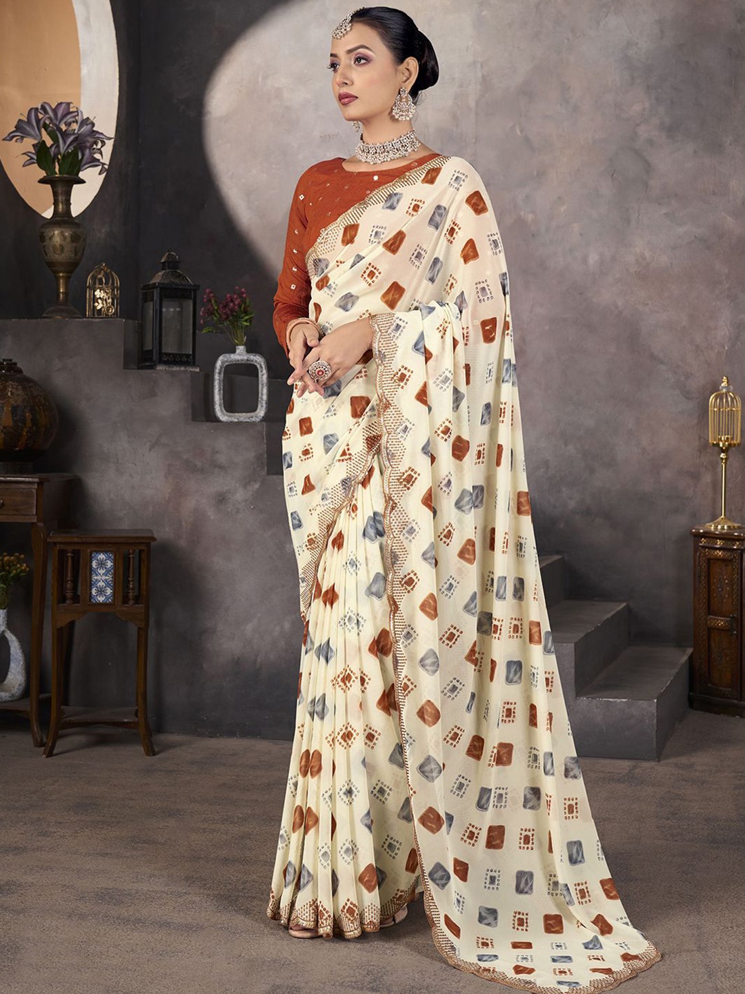 

Satrani Printed Sequinned Pure Georgette Bandhani Saree, Cream