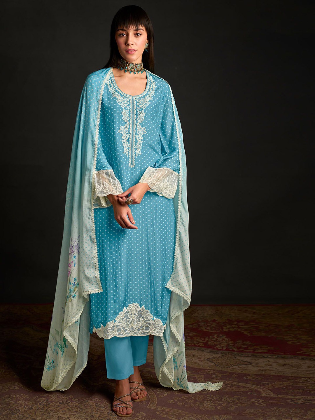 

ODETTE Floral Embroidered Round Neck Semi-Stitched Dress Material, Blue