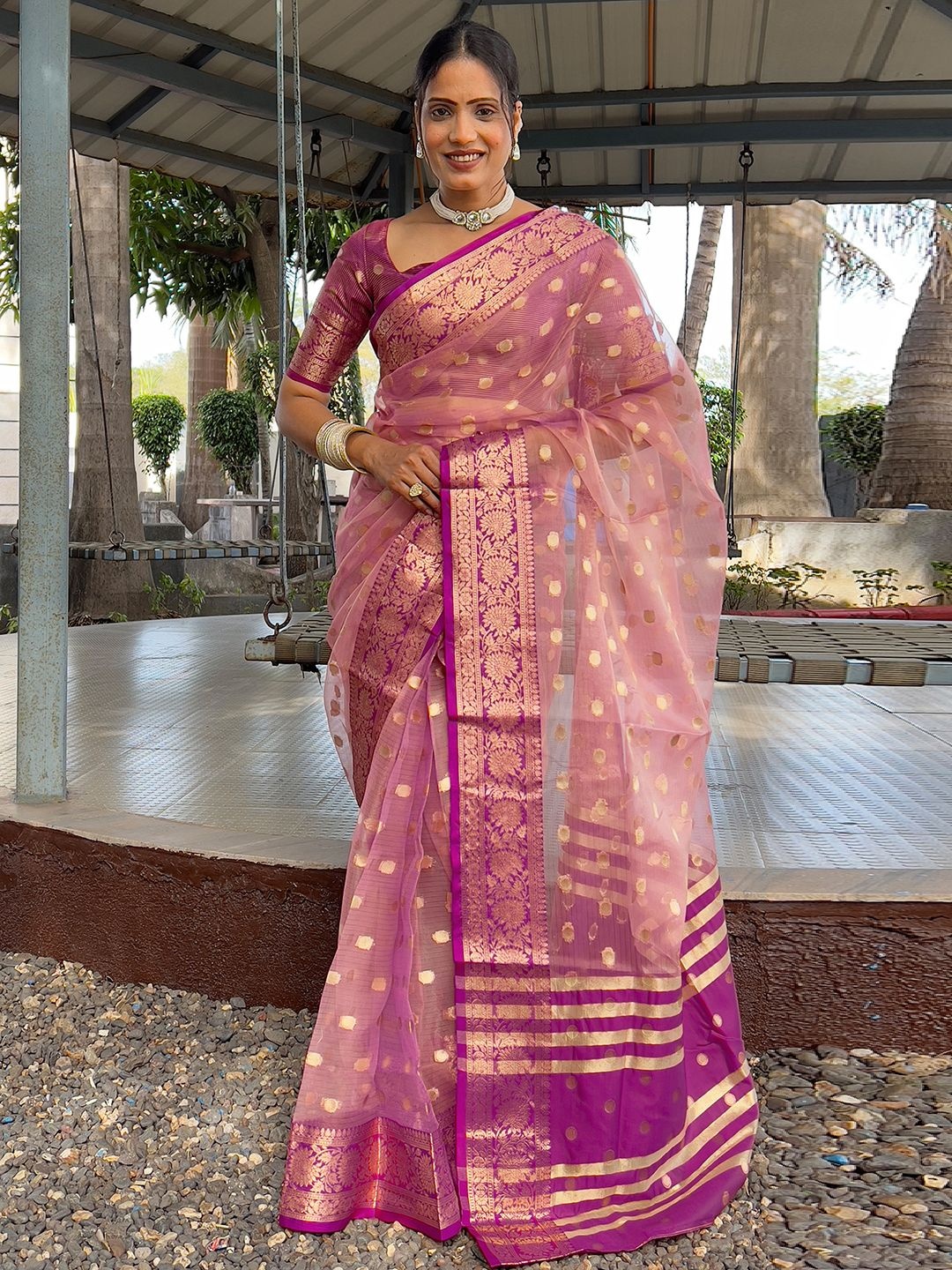 

Mitera Polka Dot Zari Organza Saree, Pink