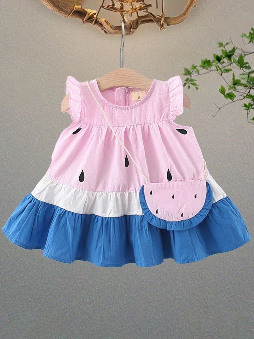 

Bold N Elegant Girls Printed Round Neck Flutter Sleeves A-Line Dress with Sling Bag, Pink
