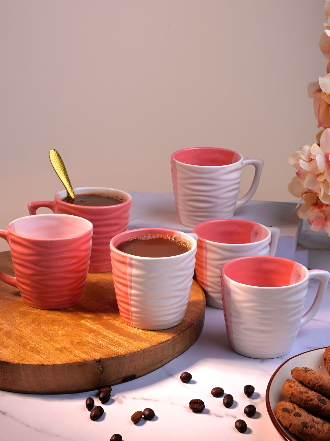 

Storepedia White & Peach-Coloured Handcrafted Printed Ceramic Glossy Cups Set of Cups and Mugs