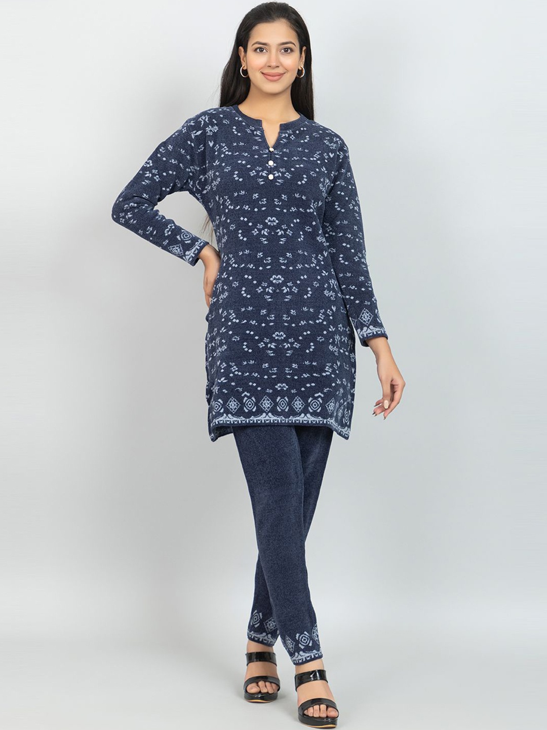 

Wool's Kart Printed Mandarin Collar Tunic With Trouser, Navy blue