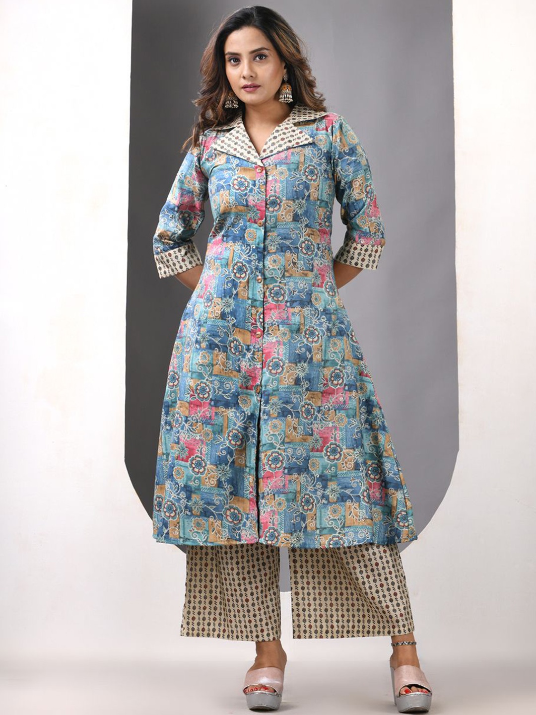 

Charukriti Floral Printed Shirt Collar Satin A-Line Kurta With Palazzos, Blue