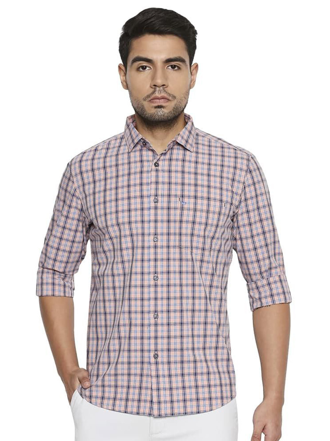 

Basics Men Relaxed Fit Spread Collar Checked Cotton Casual Shirt, Pink