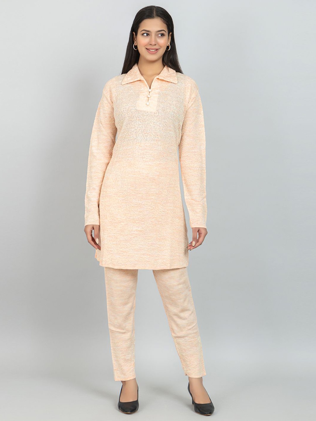 

Wool's Kart Self Design Polo Collar Tunic With Trouser, Beige