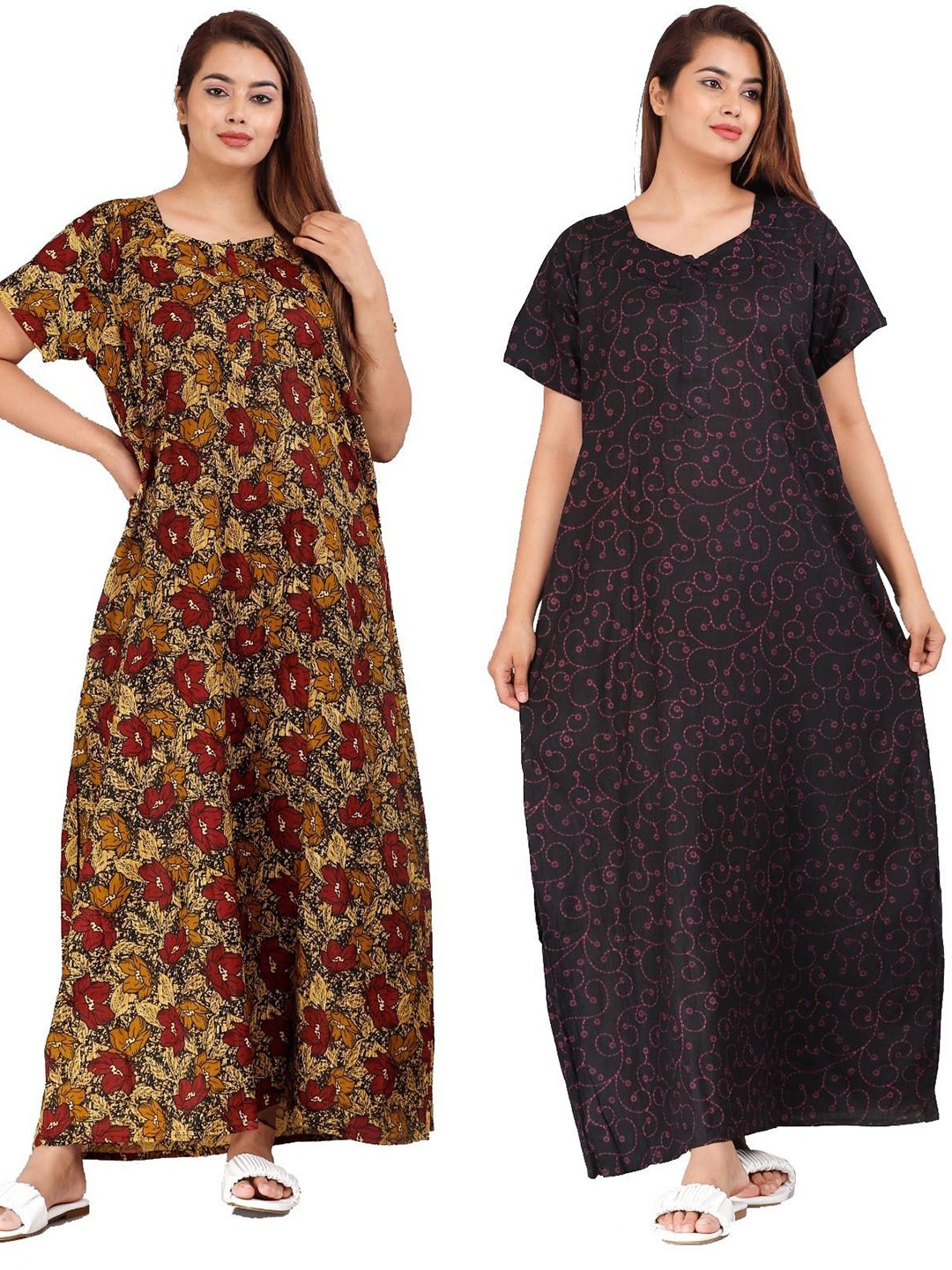 

PR PINK ROYAL Women Pack Of 2 Printed Pure Cotton Maxi Nightdress, Black