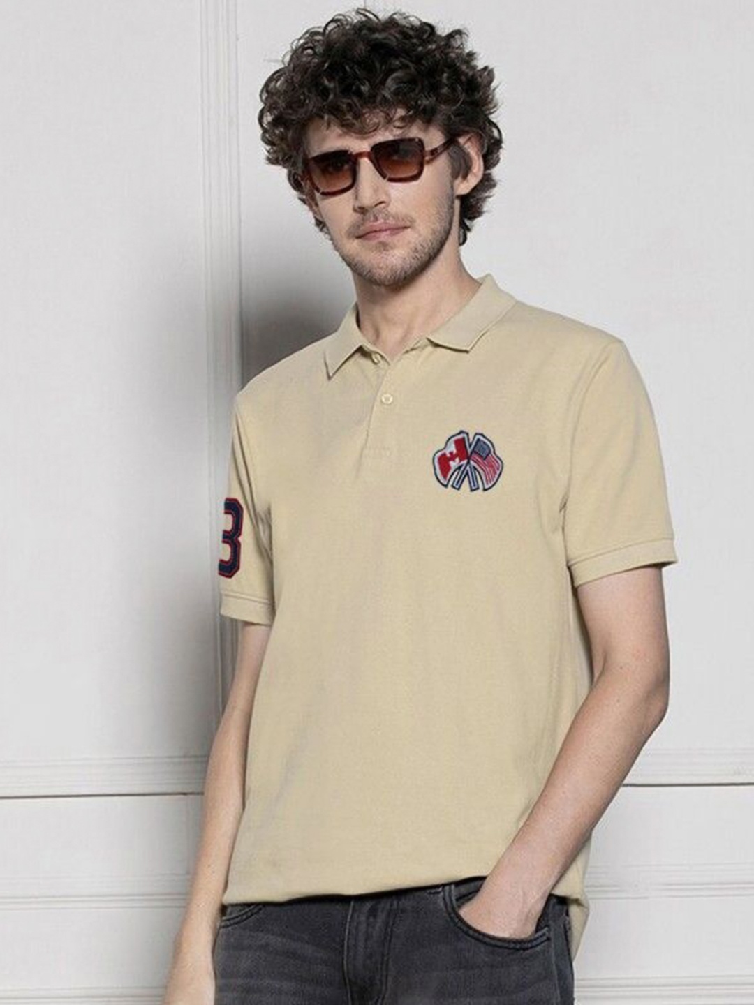 

MERRIMENT Men Solid Polo Collar Cotton T-shirt, Beige