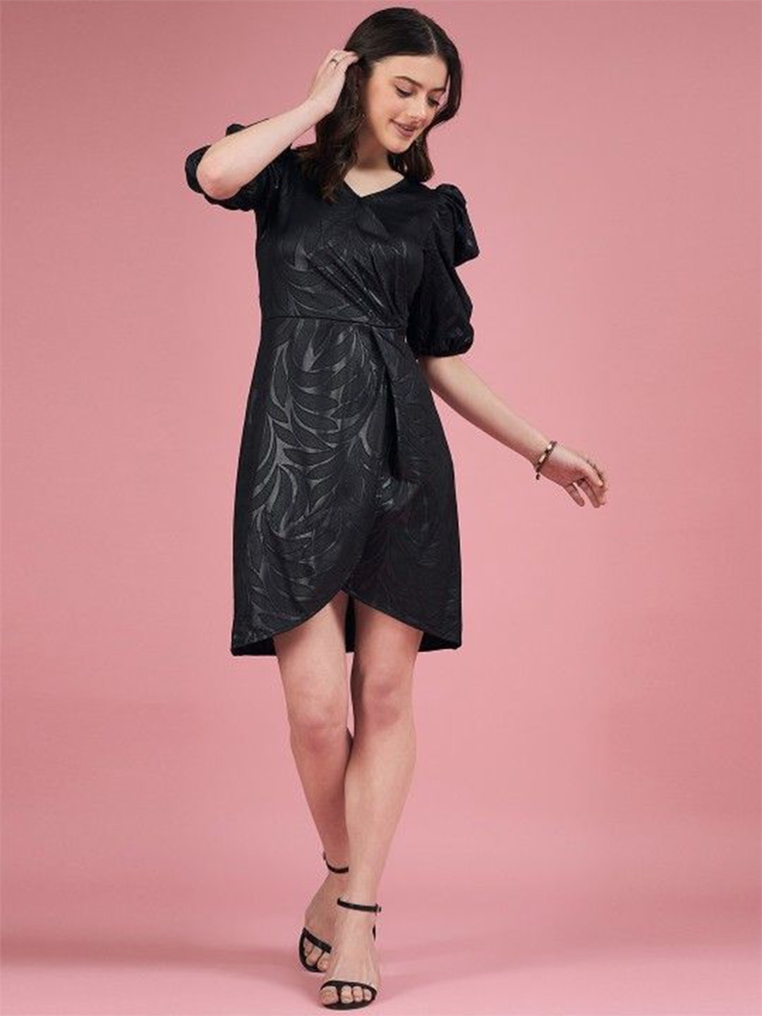 

DressBerry V-Neck Puff Sleeve Wrap Dress, Black