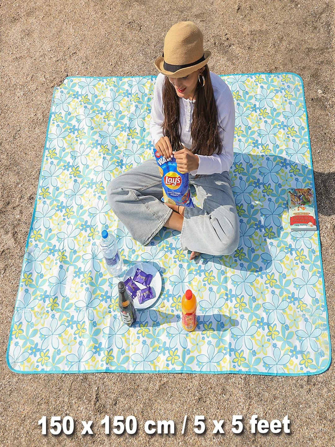 

HOKIPO Blue & Yellow Floral Printed Waterproof & Sand Proof Foldable Picnic Mat Blanket