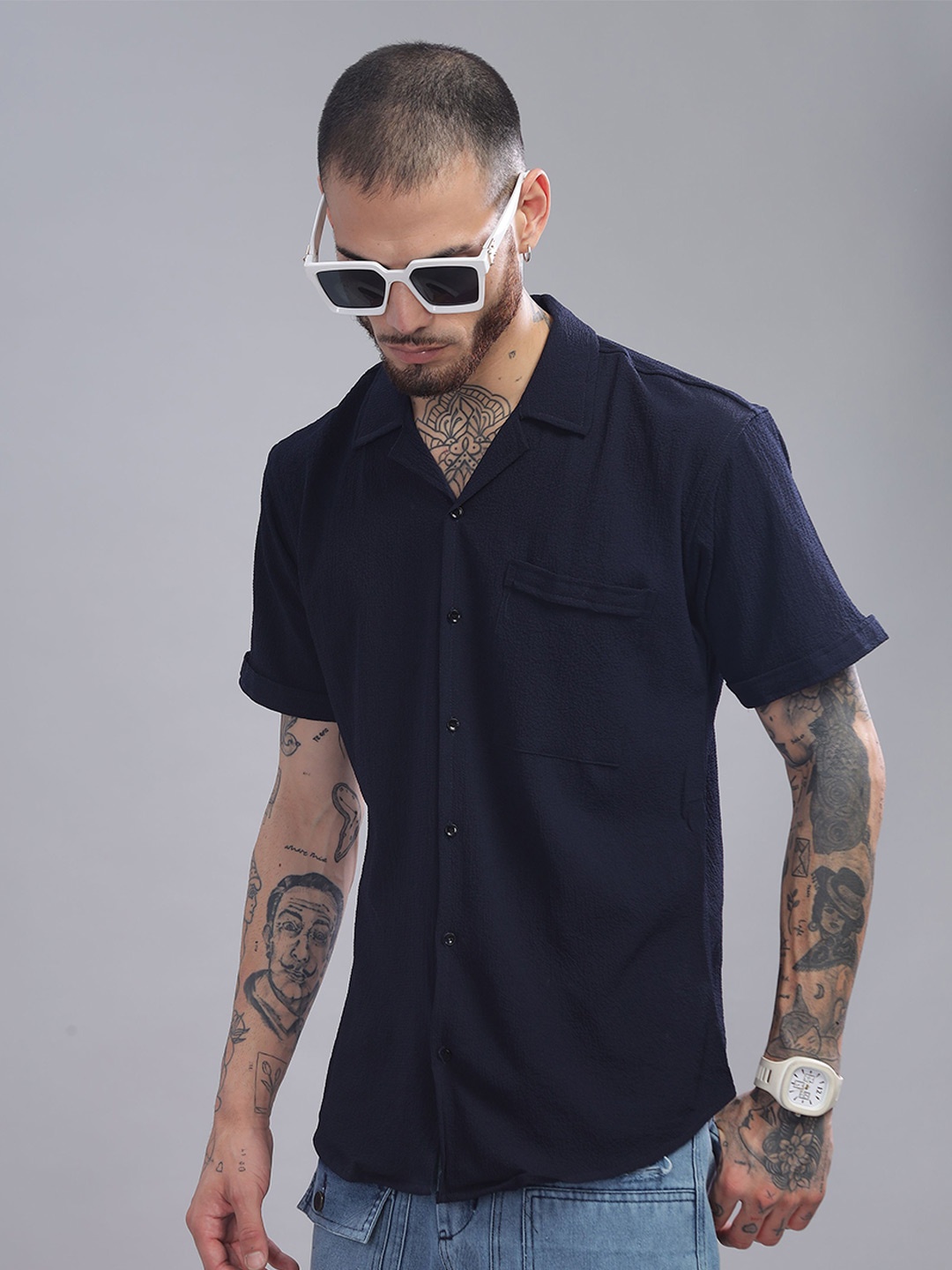 

iCome Men Spread Collar Solid Cotton Linen Casual Shirt, Navy blue