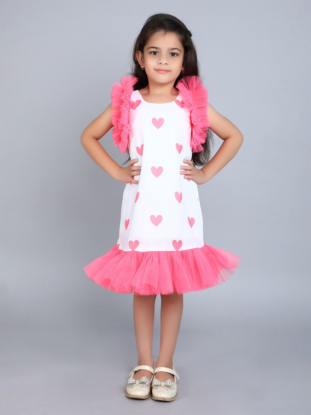 

Pink Chick Girl Print Flutter Sleeve Cotton A-Line Dress, Coral
