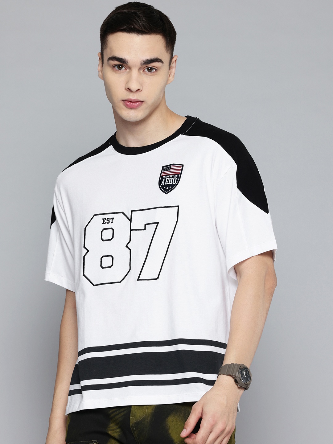 

Aeropostale Striped Embroidered Pure Cotton Relaxed T-shirt, White